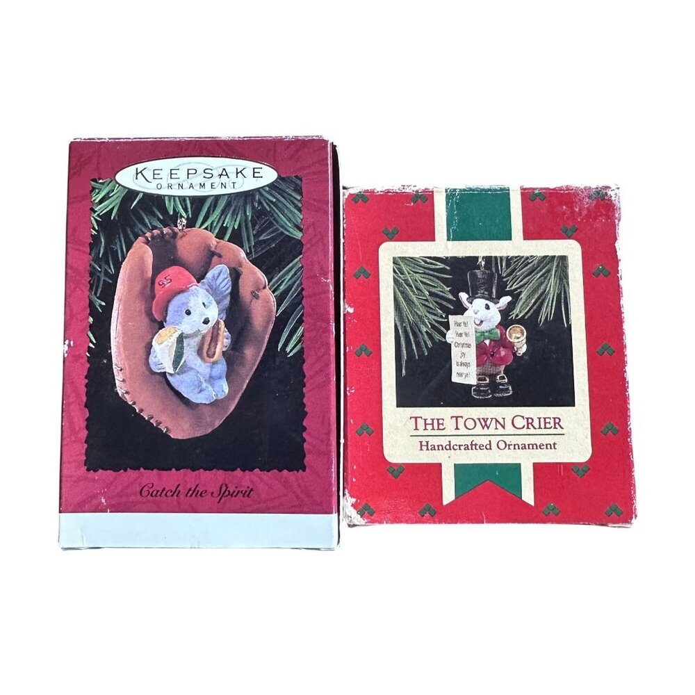 Vtg Hallmark Christmas Ornaments The Town Crier1988 & Catch the Spirit 1995